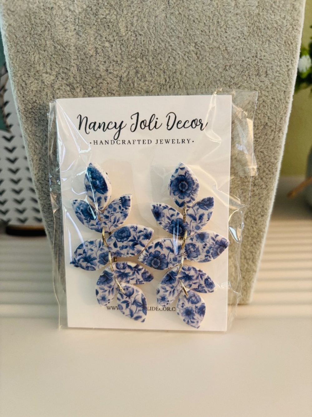 Polymer Clay Blue Floral Leaf Earrings
